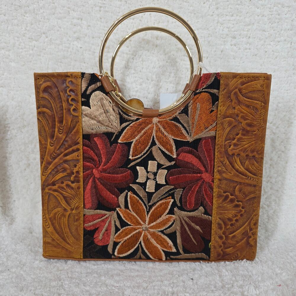 Mexican Chiapas Loom Honey Brown Tooled Leather Bag with Gold Tone Ring Handles